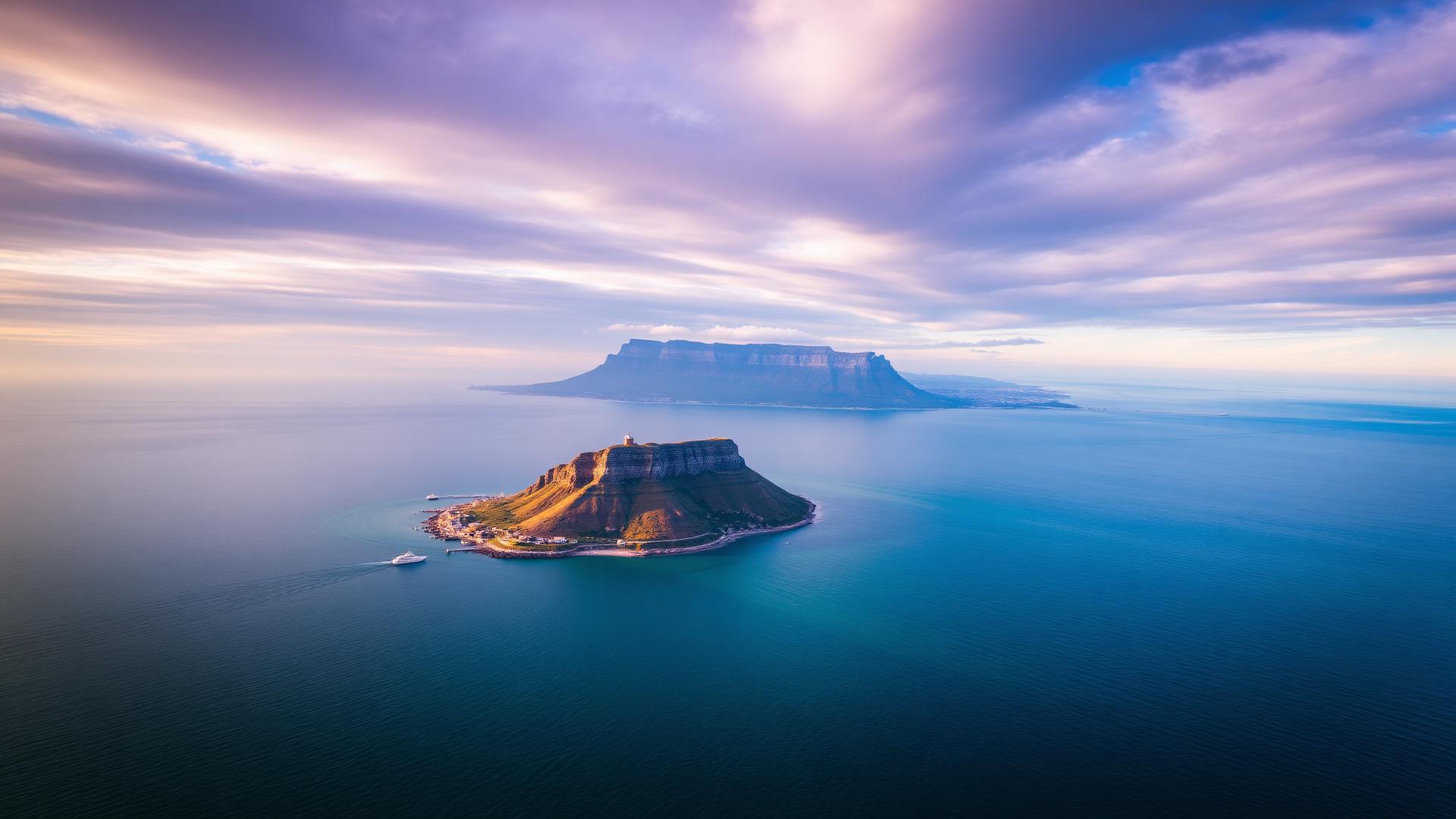 Robben Island in Table Bay with Table Mountain in the distance